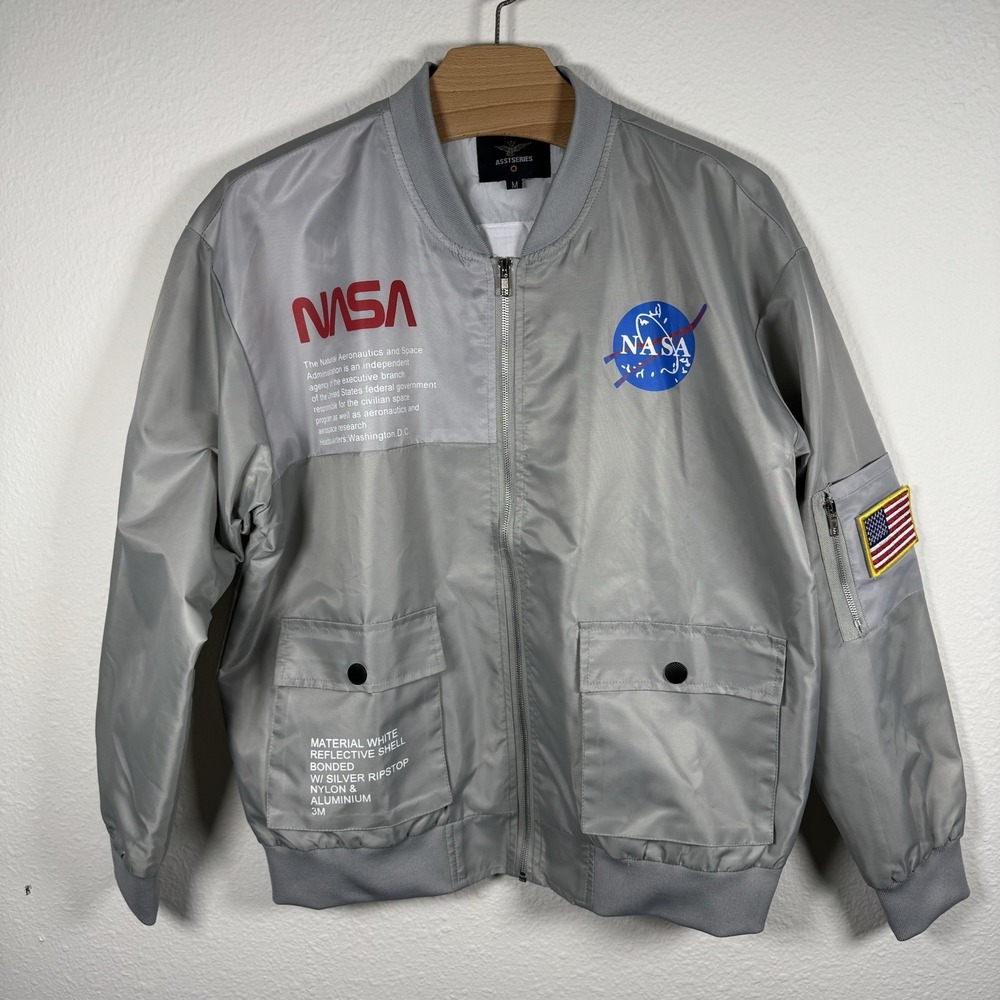 ASSTSERIES NASA Bomber Jacket Men's M Gray Silver Reflective USA Flag Patch